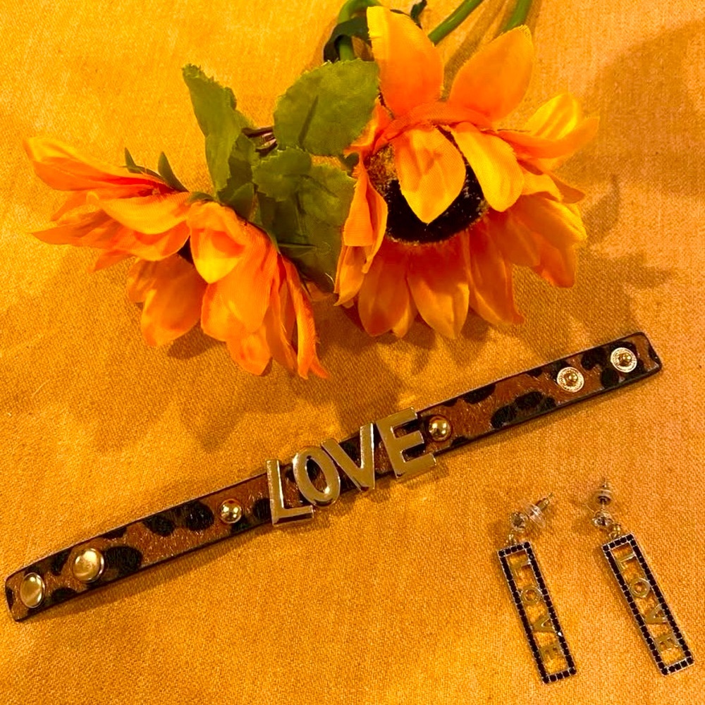 Leopard Print 'LOVE' Bracelet and Earrings Set